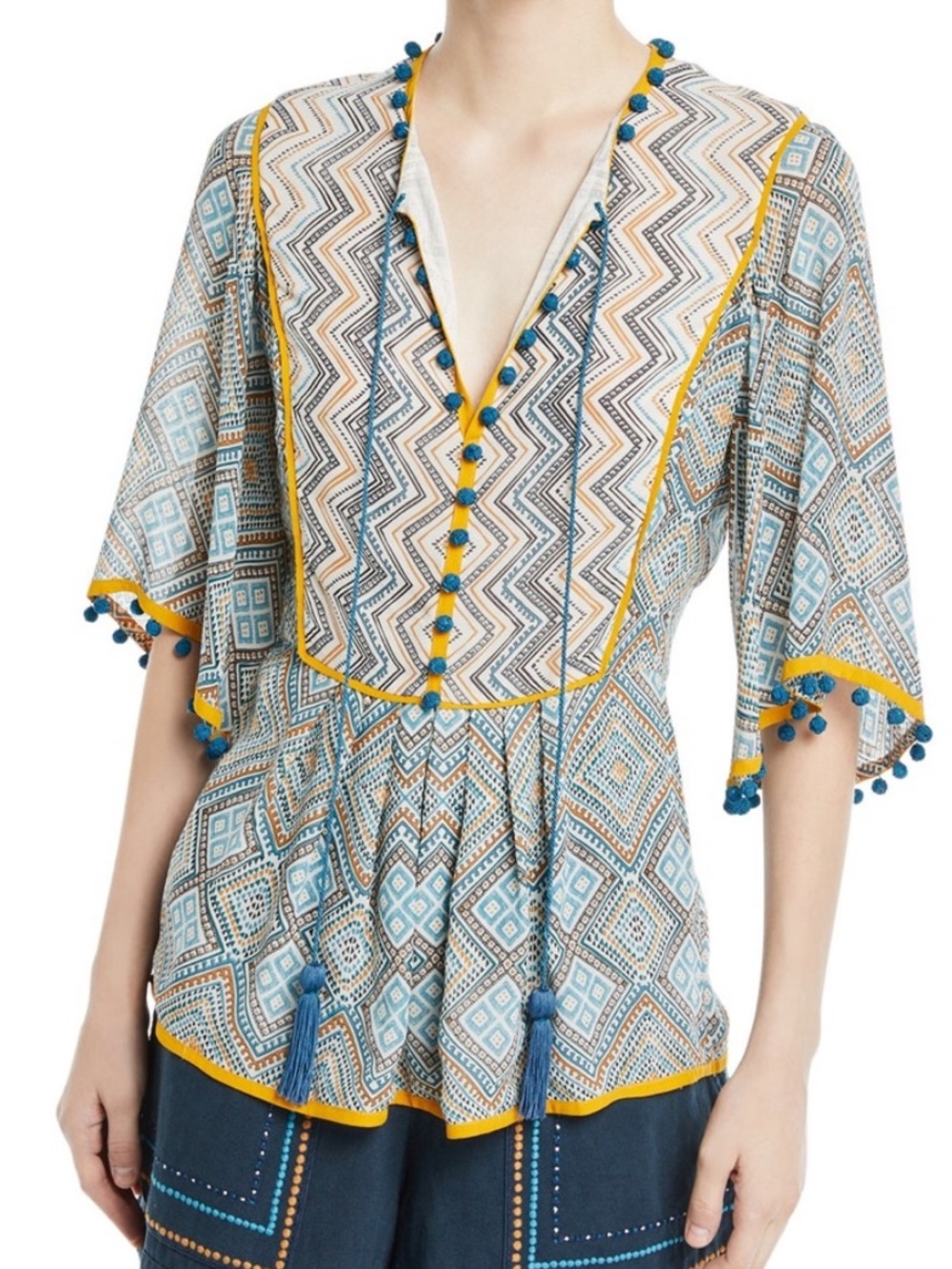 Talitha Blue and Yellow Pom-Pom Trim Printed Peasant Blouse ❤️❤️